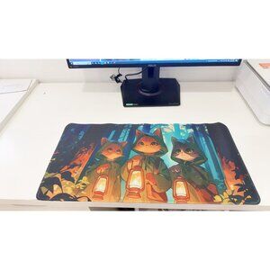 Mystical Forest Cat Extended Mouse Pad - Lantern Adventure Anti-Slip Desk Mat